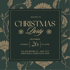 a christmas party flyer with gold flowers and leaves on a green background, in the shape of a square frame