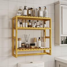 a bathroom shelf filled with lots of bottles and soaps next to a white toilet