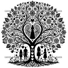 a family tree with the silhouettes of two children and an adult holding hands in front of it