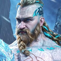 an image of a man with long hair and beards in front of some ice