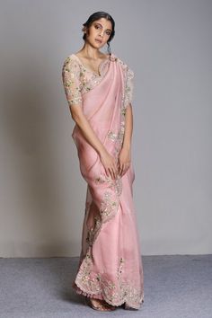 Buy Anushree Reddy Pink Organza Saree With Embroidered Blouse Online | Aza Fashions Organza Saree Blouse Designs, Anushree Reddy, Casual Attire For Women, Organza Blouse, Saree Blouse Designs Latest