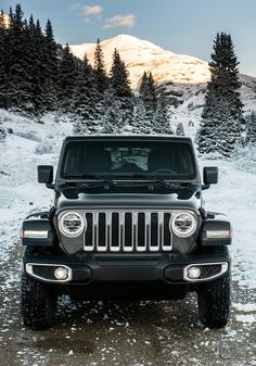 a black jeep parked on top of a snow covered field next to trees and mountains