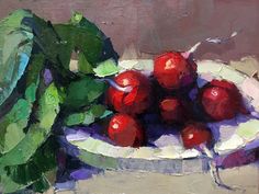 a painting of some red apples in a white bowl on a table with green leaves