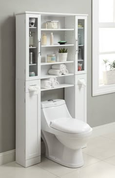 a white toilet sitting next to a book shelf