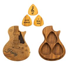 three wooden guitar shaped magnets with the words happy, i pick you on them