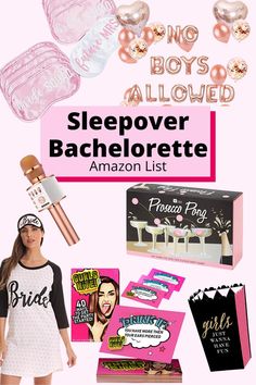 the girl is standing next to her bed and other items for sleepover bachelorette