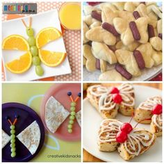 four pictures with different food items on them including oranges, crackers and grapes