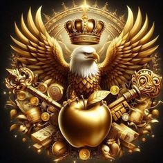 an eagle with a crown on it's head, surrounded by golden objects and symbols