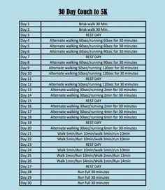 the 30 day couch to 5k workout plan is shown in black and white with blue background