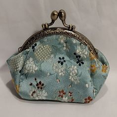 Large Kiss-Lock Flowered Coin Purse/Make Bag New Perfect For Lipsticks, Coins, Keys, Sewing Kit And More. Mint Green Satin Poly Canvas 3.5" X 2.8" X 4.7" Green Purses, Kiss Lock Purse, Make Bag, Green Purse, Sewing Kit, Green Satin, Lipsticks, Mint Green, Coin Purse