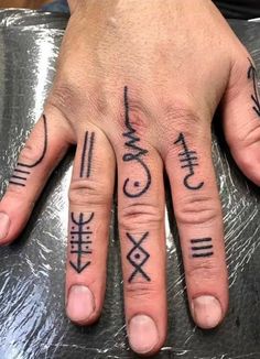 two fingers with different symbols on them