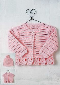 a pink crocheted sweater and hat for babies