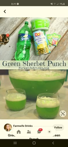 the green sherbet punch recipe is shown on an instagram page, and it's full of flavored green punch