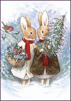 two rabbits are standing next to each other in the snow with christmas decorations on their feet