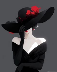 a woman wearing a black hat with red flowers on it's brims