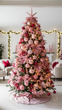 a pink christmas tree decorated with ornaments and lights