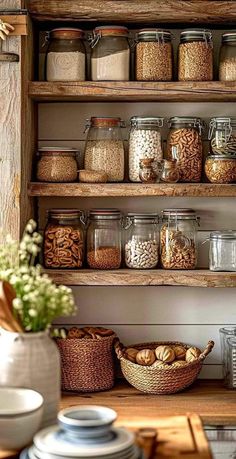 the shelves are filled with different types of food and jars on them, along with dishes