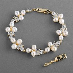 Freshwater Pearl and CZ Gold Plated Bridal Bracelet Gold And Rose Gold Wedding, Rose Gold Bridal Accessories, Rose Gold Wedding Accessories, Gold Wedding Accessories, Gold Bracelet Wedding, Pearl Bracelet Wedding, Formal Earrings, Lace Accessories