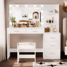 a white vanity with lights on it next to a bed and a chair in a room