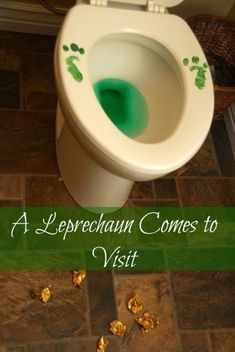 a white toilet with the words a leprechaun comes to visit