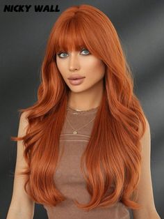 Wall Orange, Natural Curly Wig, Orange Wig, Body Wave Wigs, Natural Hair Woman, Bangs Wig, Ginger Women, Long Curly Wig, Wig With Bangs