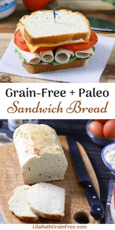 grain - free and pale sandwich bread is cut in half on a cutting board