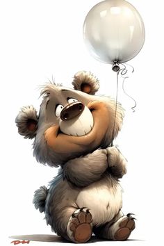 a teddy bear holding a white balloon in its paws and looking up at the sky