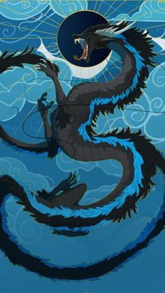 a blue and black dragon sitting on top of a body of water with clouds in the background