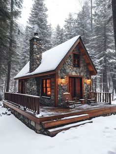 a cabin in the woods with snow on the ground