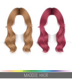 three different colored wigs with long hair on each side and the words made to look like