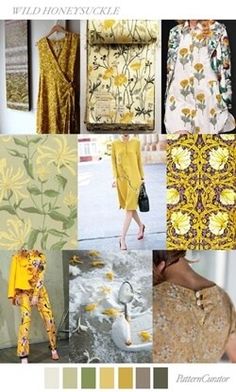 the collage shows different types of yellow and green floral prints on clothing, shoes, and accessories