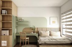 a bedroom with a bed, desk and shelves