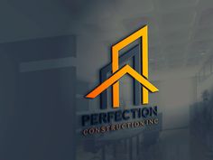 a logo for a construction company with an arrow in the middle and yellow letters on it