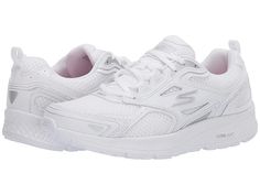 SKECHERS Consistent - Women's Running Shoes : White/Silver : The SKECHERS Consistent sneaker will be your go-to trainer with responsive cushioning and a comfortable, lightweight, and well ventilated upper design. Smooth athletic leather upper features durable synthetic toe and heel overlays with mesh fabric panels for cooling and stability. Lace-up construction offers a secure fit. Round toe with durable reinforcement at the bumper. Rear pull-tab at the heel offers easy entry. Padding at the ton Skechers White Sneakers, White Non-slip Sneakers For Walking, White Sport Shoes, White Mid-top Running Shoes With Cushioned Footbed, White Slip-on Sneakers With Breathable Mesh For Light Sports, White Skechers Dlites, Sketchers Shoes, Running Shoes White, Uni Fashion