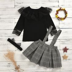 Toddler Kids Girls Plaid Strap Lace Skirt Set - PrettyKid Overalls Skirt, Plaid Overalls, Fancy Outfit, Twin Outfits, Sister Outfits, Birthday Girl Outfit, Shirt Pant Set, Suspender Skirt, Lace Splicing