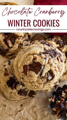 chocolate chip cookies are stacked on top of each other with the words, chocolate chip winter cookies