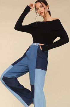 Patchwork panels of denim in a myriad of washes bring a retro vibe to wide-leg jeans cut from structured nonstretch denim in a high-waisted silhouette. 33" inseam; 22" leg opening; 13" front rise (size Small) Zip fly with button closure Five-pocket style 100% cotton Machine wash, tumble dry Imported Leg Patchwork, Plus Size Wide Leg, Birthday Things, Patchwork Jeans, Retro Vibe, Wide Leg Jeans, Leg Jeans, Color Block, Wide Leg