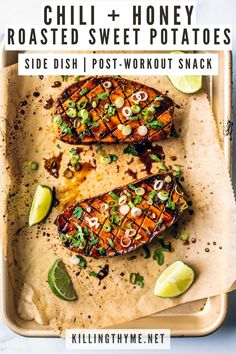 grilled honey roasted sweet potatoes with limes on top