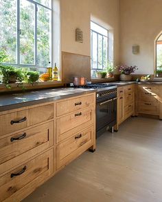 a large kitchen with wooden cabinets and black stove top oven in the center, surrounded by potted plants