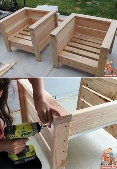 two pictures showing how to build a bench out of pallets