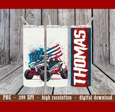 a can cooler with an american flag on it and the words samtown printed in red, white, and blue