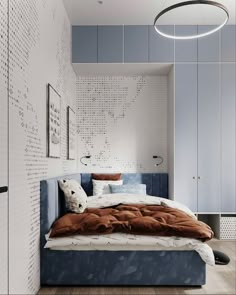 a bedroom with white walls and blue bedding in the center, along with wooden flooring