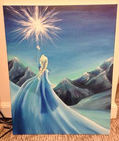 a painting of a woman holding a star above her head in the snow with mountains behind it