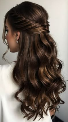 1. 10 Classy Half Up Half Down Prom Hairstyles for Long Hair - Fads Bridal Hair Down Brown, Graduation Hairstyles With Cap Curls, Soft Curls Half Up Half Down, 8th Grade Prom Hairstyles, Half Up Half Down Curly Bridal Hair, Half Up Curled Hairstyles, Wedding Hair For Off Shoulder Dress, Half Up Half Down Front View, Medium Length Hair Styles Formal