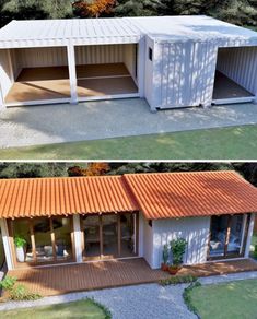 two pictures side by side of a house made out of shipping containers