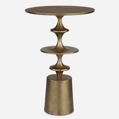 three tiered brass table with wood top and metal base, on white background - 3docn