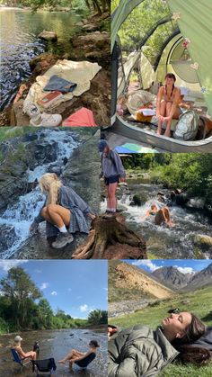 the collage shows people sitting on rocks near a river and camping tents in the woods