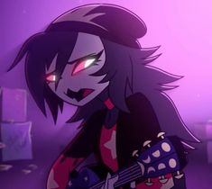 an anime character with long hair and red eyes holding a guitar in front of a purple background