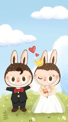 two rabbits dressed in wedding attire standing next to each other with hearts flying above them