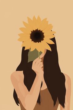 a woman holding a large sunflower in front of her face and covering her eyes